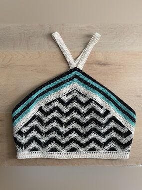 ZARA Crochet Zigzag Crop Halter Top in Black, Cream & Teal